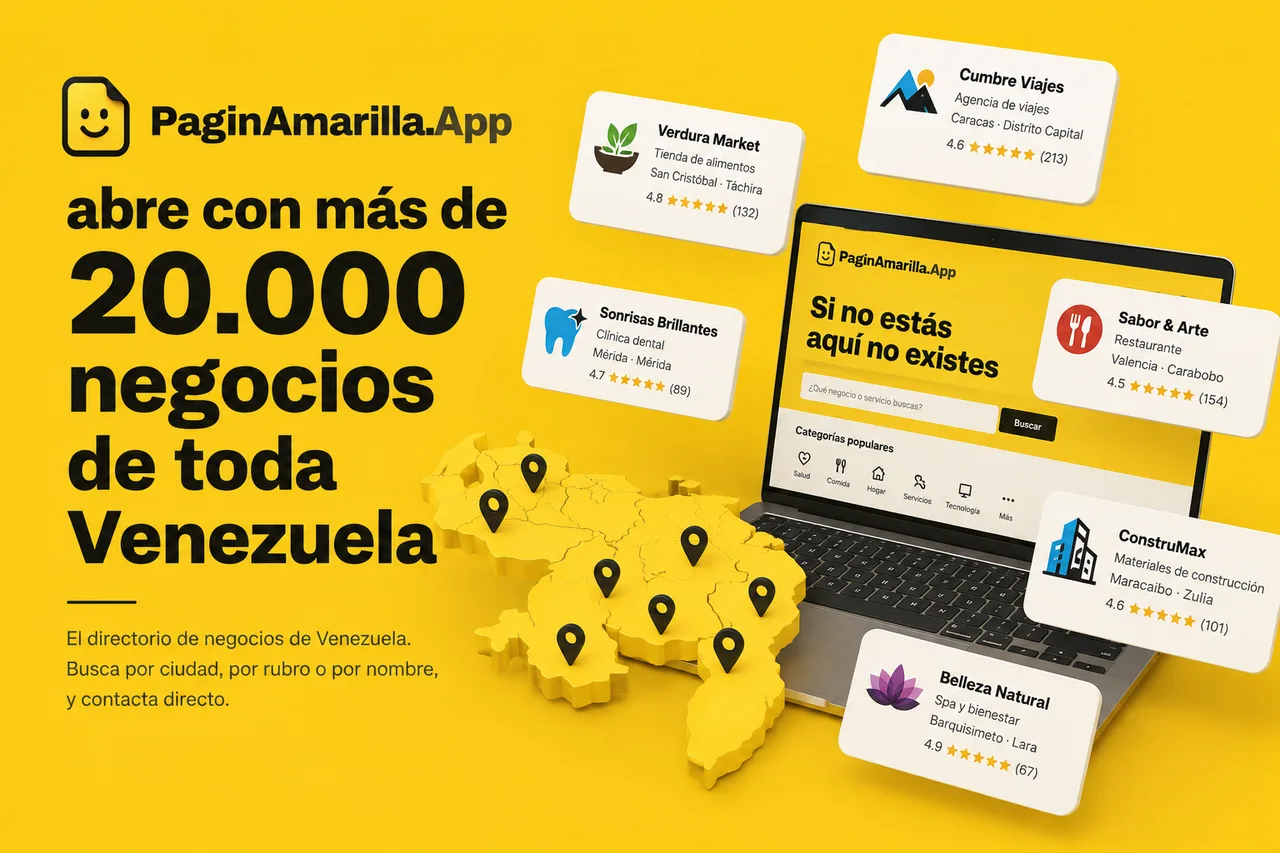 Un portátil muestra la portada de PaginAmarilla.App con su buscador, sobre fondo amarillo, junto a un mapa en relieve de Venezuela con marcadores de ubicación y fichas de ejemplo de negocios de varias ciudades.